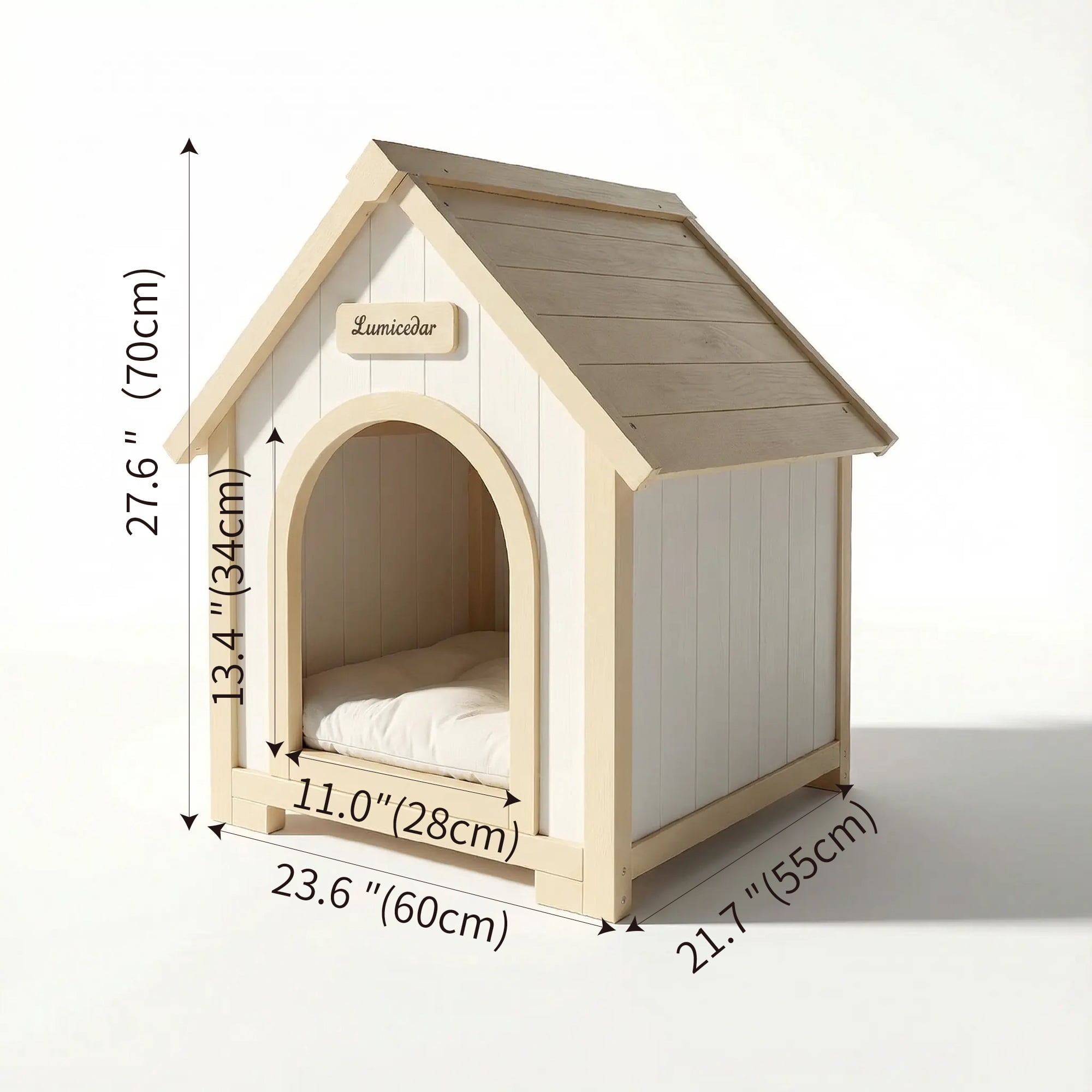 Indoor Wooden Dog House with EVA Cushion, Solid Cedar Furniture-Style Pet House Shelter for Small Dogs and Cats, Scandinavian Design Cozy Retreat for Living Room Bedroom, Creamy White Light Yellow
