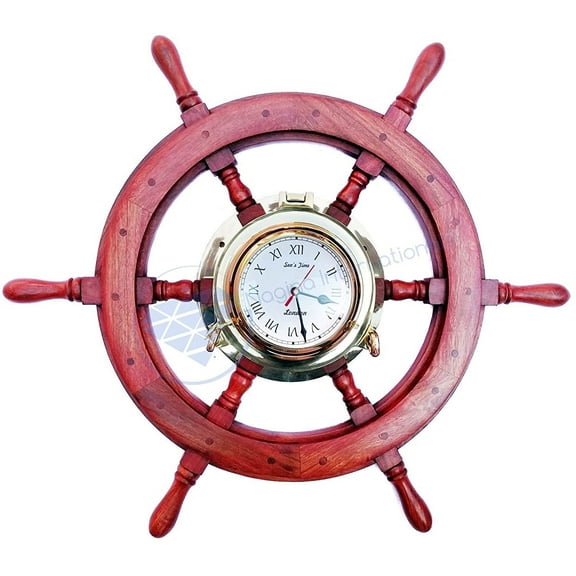 Nagina International Polystone Polished Nautical Brass Porthole Clock Ship Wheel | Pirate's Ocean Home Decor Gift | London Sea's Time (30 Inches)