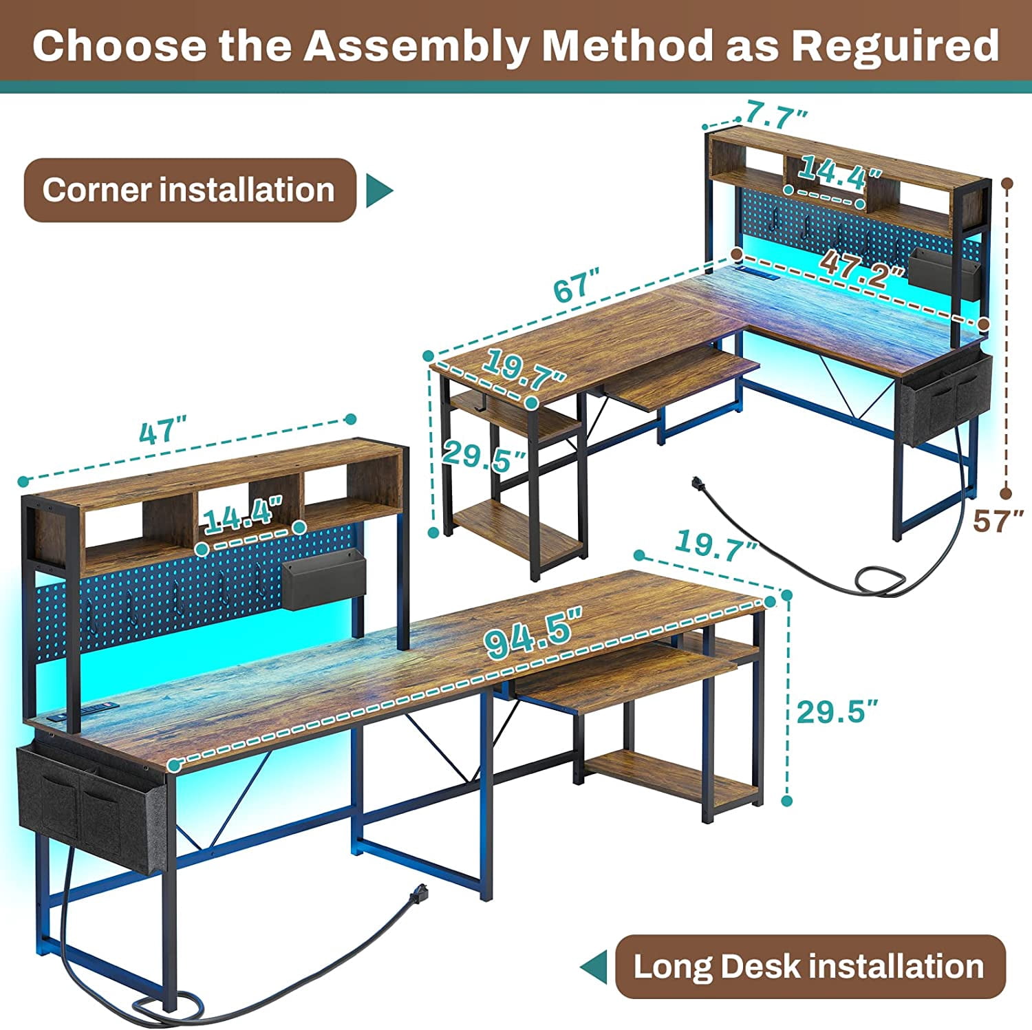 L-Shaped Office Desk with LED Lights & Charging Station, Reversible Computer Desk with Storage Shelf & Pegboard for Bedroom Study Writing, Rutic Brown