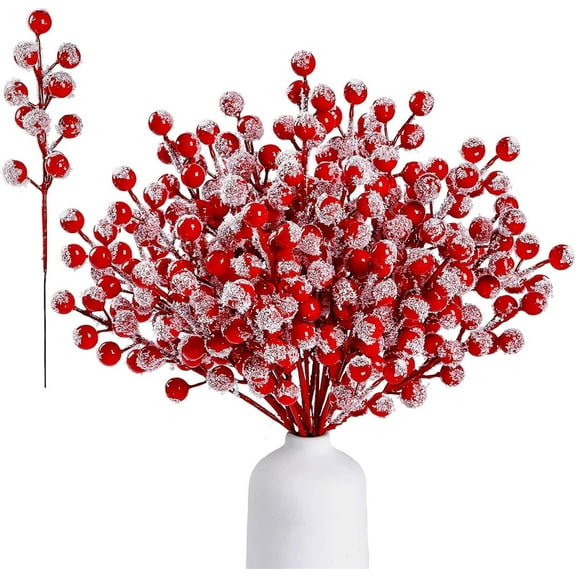 Yahome 30 Pcs 8 in Snow Frosted Artificial Red Berry Stems Christmas Berry Spray Picks Holly Berries Branches Fake Red Berries for Christmas Tree DIY Craft Home Decoration