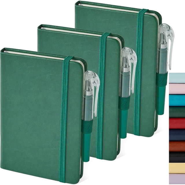 HUGFEGWE 3 Pack Pocket Notebook Journals, Mini Small Leather Lined Journal Notebooks for Note Taking, Small Notepad with Pen Holder, Dark Green AZ824-8046