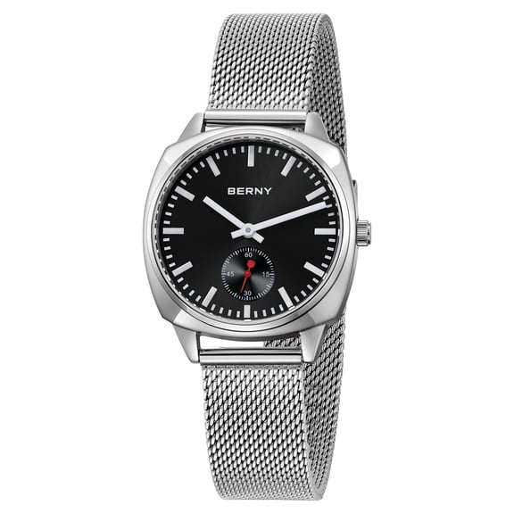 BERNY Silver Watch for Women Classic Female Wristwatch with Stainless Steel Mesh Band, Red Small Seconds Hands, Luxury Birthday Present-Sunray Black Dial