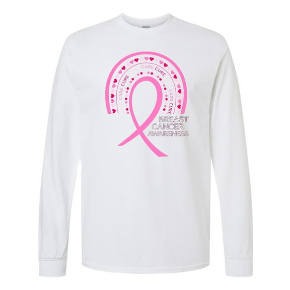 Inktastic Breast Cancer Awareness Rainbow Ribbon with Hearts Long Sleeve T-Shirt