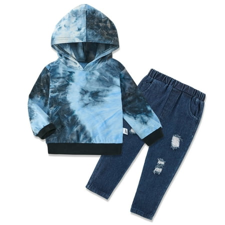 

Clearance 0-4T Kids Baby Boy Hooded Outfits Tie Dye Hoodie Sweatshirts + Ripped Denim Pants Set
