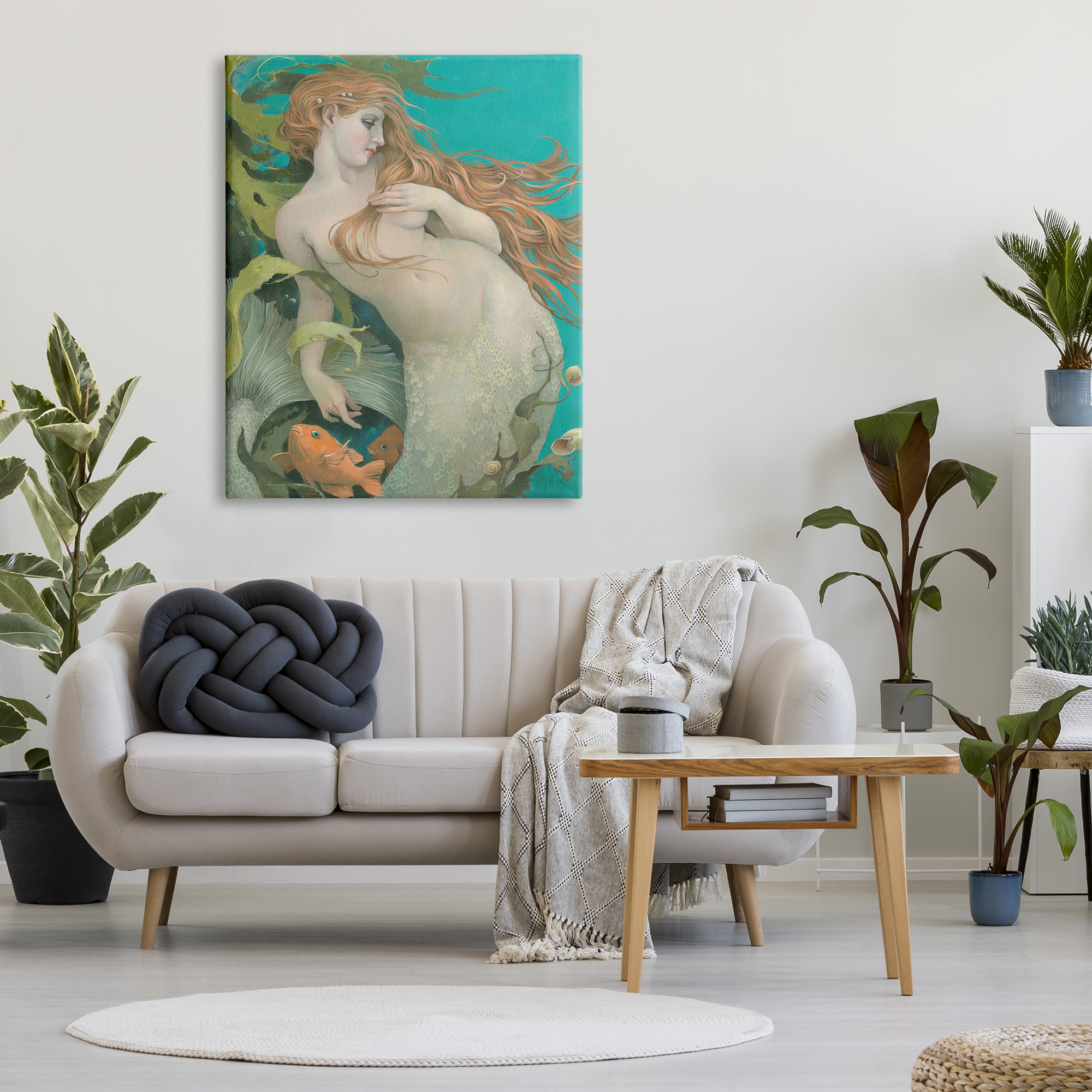 Stupell Industries Mermaid & Fish Underwater Fairy Tales & Fantasy Painting Gallery Wrapped Canvas Print Wall Art, 36 x 48