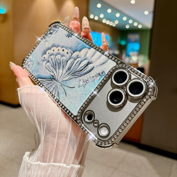 Case for iPhone 13 Pro with Lens Protector, Bling Glitter Rhinestone Butterfly Pattern, TPU Plating Protective Anti-Scratch Lightweight Fashion Phone Case for Girls & Women, Silver