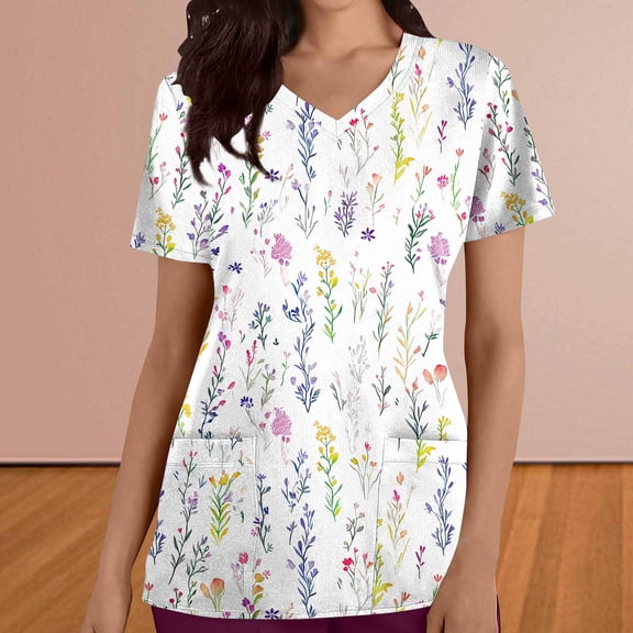 Neewe Scrubs for Women V Neck Slim Tunic Printed Scrub Tops Medical Nurse Shirt Soft Casual Uniform with Pockets
