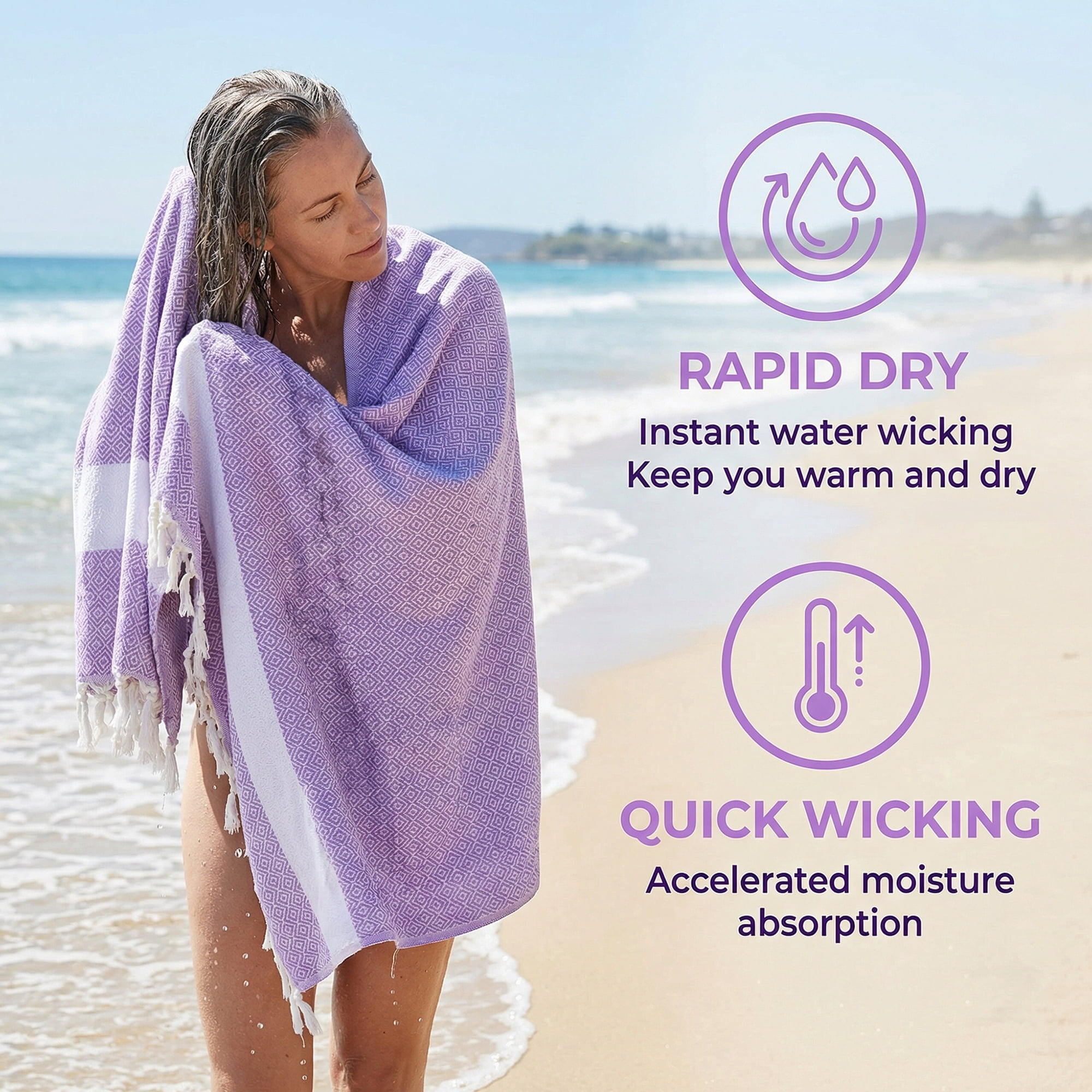 Unique Bargains 2 Pack Geometric Turkish Beach Sandproof Towel Light Purple/Yellow 71"x40"
