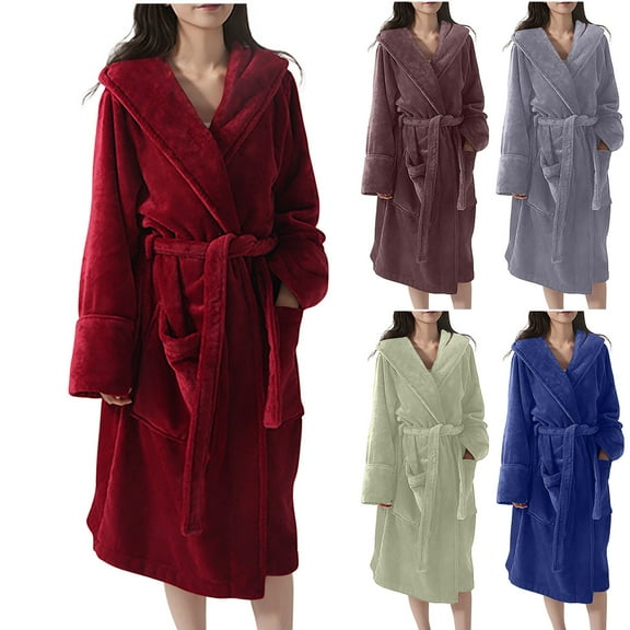 Xuniizn Womens Robes Plush Fleece Hooded Bathrobe Warm Cozy Thick Nightgown with Pockets Fluffy Sleepwear Bandage Bath Robe with Pockets, Solid Color
