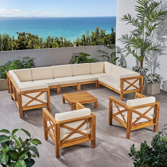 GDF Studio Keith Outdoor Acacia Wood 11 Seater Sectional Sofa and Club Chair Chat Set, Teak and Beige