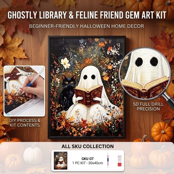 Halloween Diamond Art Painting Kit for Adults, Ghost Diamond Dots Painting for Beginners, Round 5D Paint with Diamonds Picture Gem Art Painting Kit DIY Craft Kit, 11.8" x 15.7"