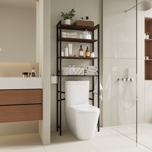 VERDALAY Estante de baño de 4 niveles con ganchos y portarrollos Estante metálico y de madera Estante abierto que ahorra espacio Organizador para artículos de tocador Estante para el baño