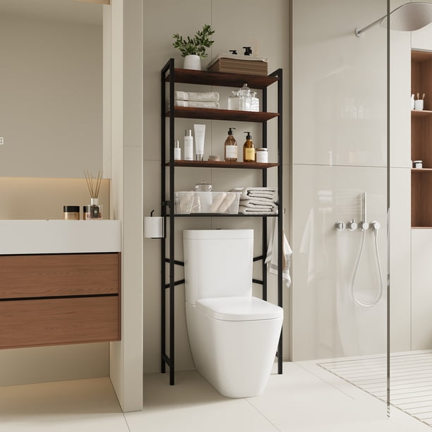 VERDALAY Estante de baño de 4 niveles con ganchos y portarrollos Estante metálico y de madera Estante abierto que ahorra espacio Organizador para artículos de tocador Estante para el baño