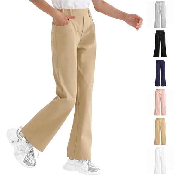 Girls School Uniform Pants Elastic Waist Flare Leg Girls Khaki Uniform Pants Girls Back to School Clothes Size 5-16 Years