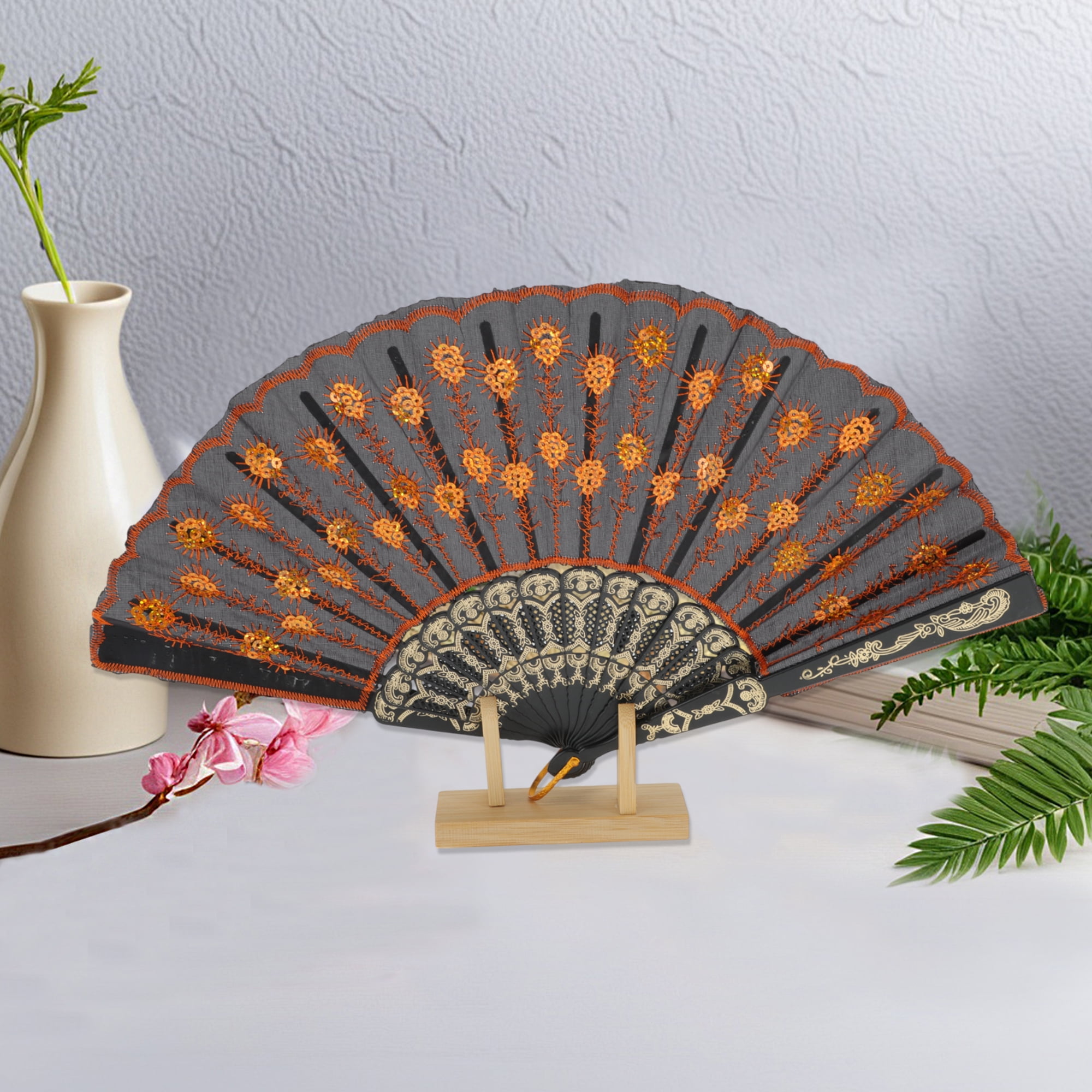Unique Bargains Beautiful Sequins Folding Fan 1 Pc Orange