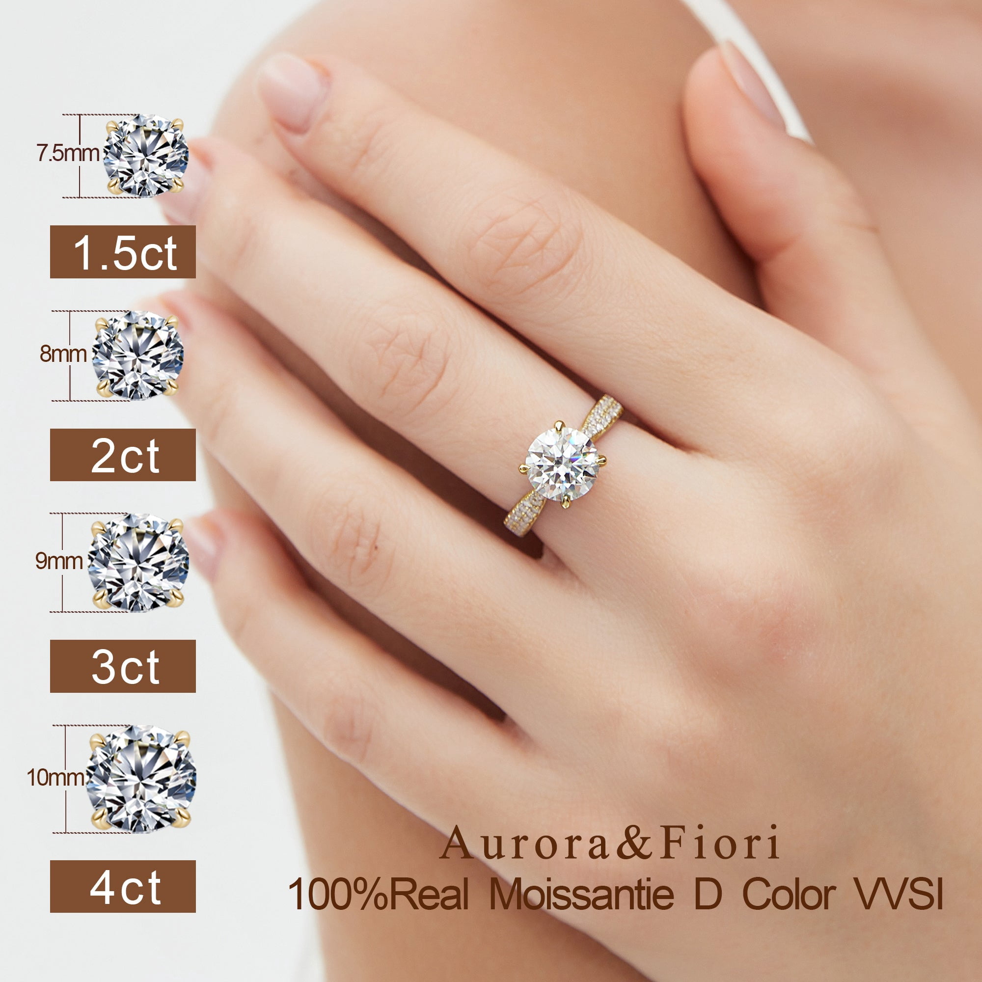 Aurora&Fiori 1.5CT Moissanite Engagement Rings for Women, S925 Sterling Silver with 18K Yellow Gold Plated Promise Wedding Ring Size9