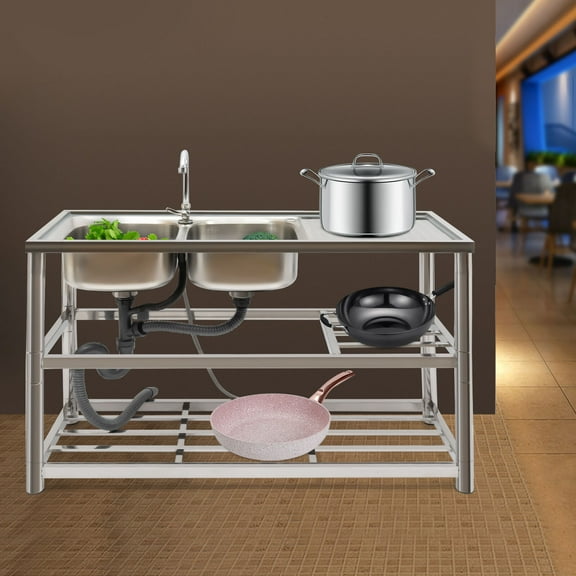 Free Standing Stainless-Steel Double Bowl Commercial Restaurant Kitchen Sink Set w/Faucet & Drainboard