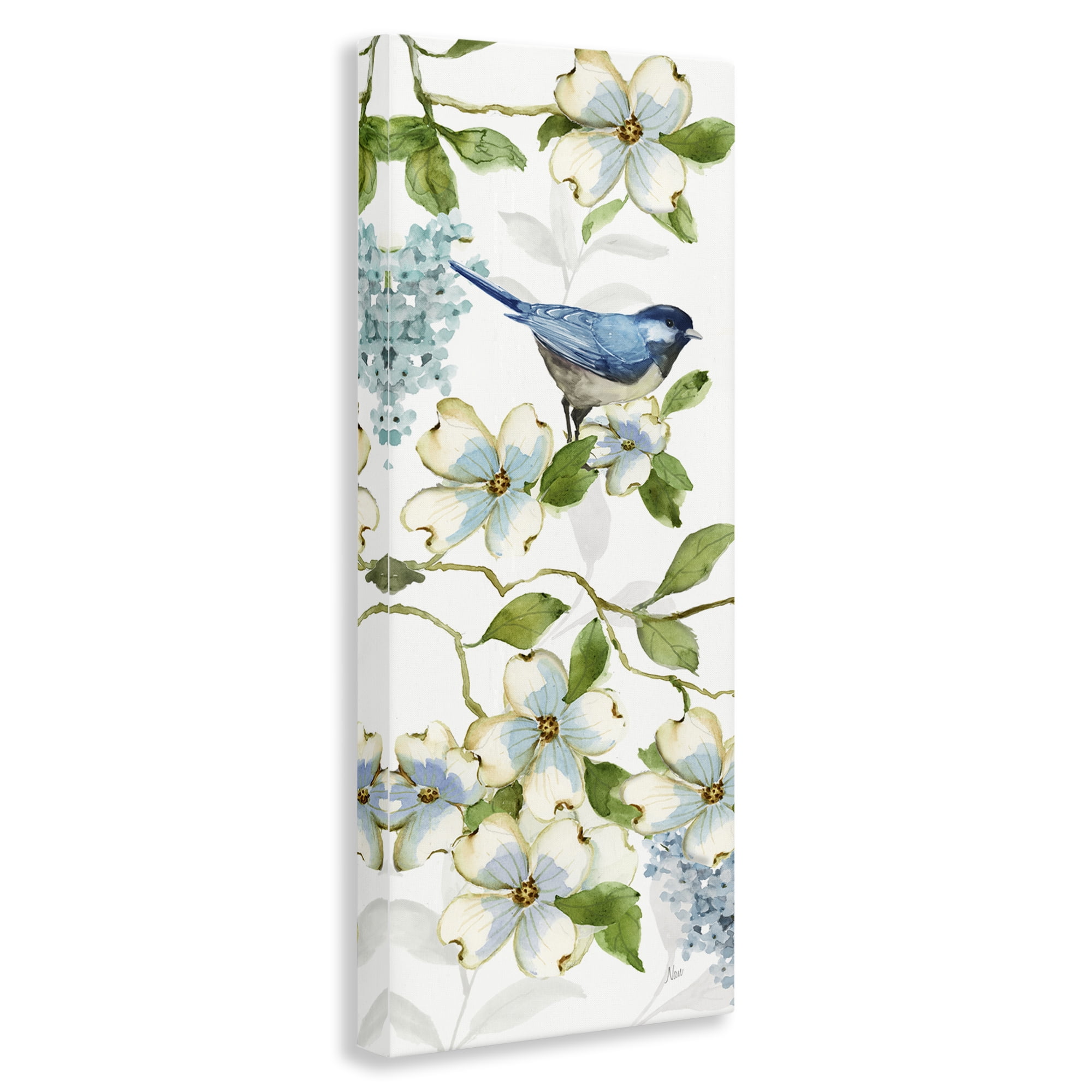 Stupell Industries Bird Perched on Dogwood Plants & Flowers Painting Wrapped Canvas Art Print Wall Art, 20 x 48