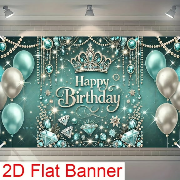 Teal Happy Birthday Backdrop Sparkling Crown Birthday Photography Background fpr Women Girls Silver Turquoise Glitter Balloons Diamond Birthday Party Decorations Banner Supplies Photo Booth Props