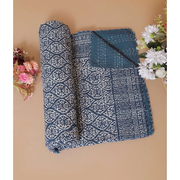 Yuvancrafts Indian Handmade Kantha Quilt Hand Block Floral Print Twin Size Kantha Bedspread Throw Quilt Blanket