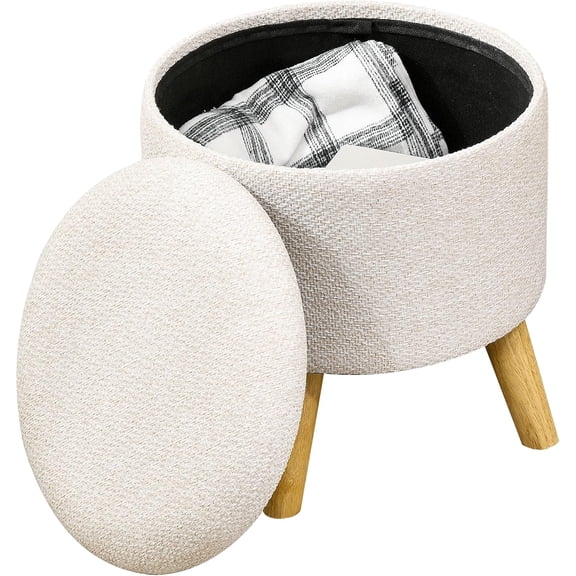 GlowPlume Round Storage Ottoman, Linen Fabric Footstool with Removable Top, Padded Seat, Small Foot Rest with Hidden Space and Wooden Legs for Living Room, Cream White