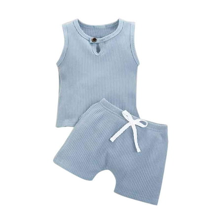 

Boys Girls Solid Sleeveless Outfits Shorts Vest Rib Set Baby Boys Outfits&Set