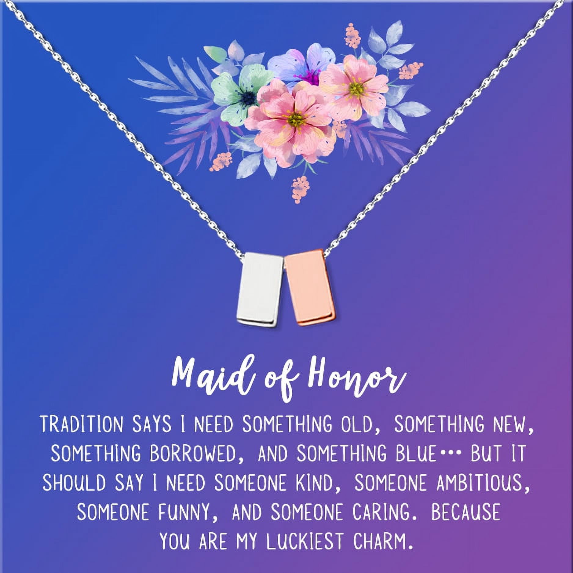 Anavia Maid of Honor Necklace Gift, Maid of Honor Sister Gift, Maid Of Honor Card for Girls, Wedding Gifts Jewelry Necklace-[Silver and Rose Gold Double Cube, Blue-Purple Gift Card]
