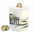 thumbnail image 1 of Coastal Piggy Bank, Sketchy Fishing Village Malay in Singapore with Houses Canoe Palms Sun Print, Ceramic Coin Bank Money Box for Cash Saving, 3.6" X 3.2", Black Grey Orange, by Ambesonne, 1 of 4