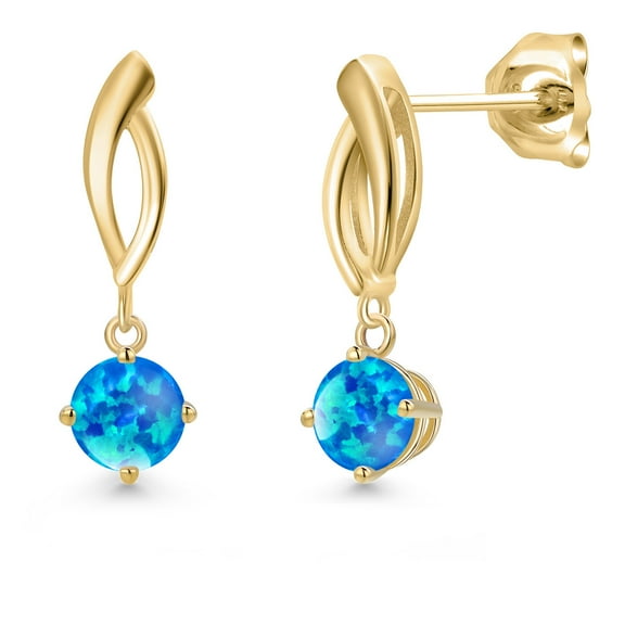 Gem Stone King 10K Yellow Gold Blue Opal Stud Dangle Earrings for Women | 1.00 Cttw | Gemstone October Birthstone | Round Cabochon 5MM