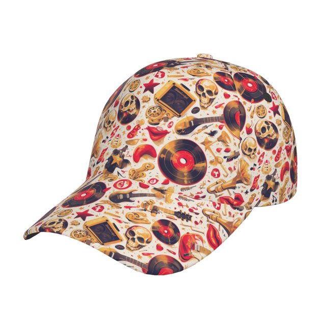 Balery gold Skull Guitar record Gorra de béisbol de tamaño ajustable para correr, entrenar y actividades al aire libre. Gorra de papá para todas las estaciones.