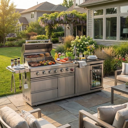 84" Outdoor Kitchen Island with 6-Burner Propane/Natural Gas Grill, Deluxe SS304 Stainless Steel BBQ Grill Station with Sink, Beverage Refrigerator, Granite Countertop & Rotisserie Kit, 75,300 BTU