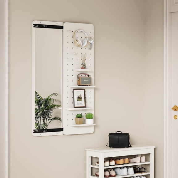 Noble House 47.6" Wall-Mounted Full-Length Mirror, Multifunctional Rubberwood Frame, Shelf & Hooks, Sliding Panel, White