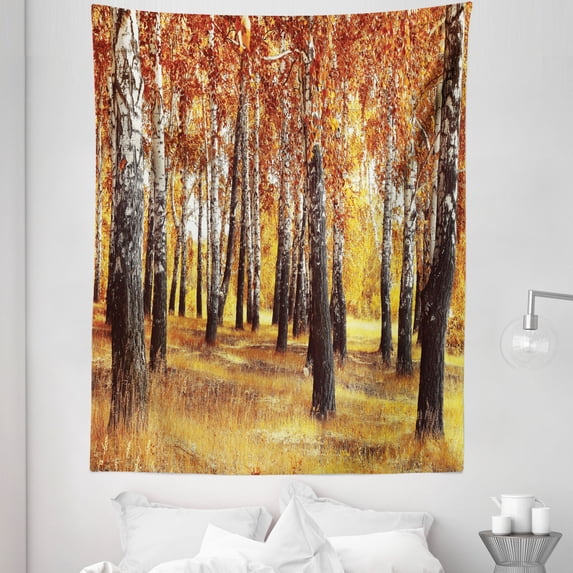Forest Tapestry, Jungle in Fall with Yellow Birches and Dry Herb Autumn Leaves Warm Weather Photo, Fabric Wall Hanging Decor for Bedroom Living Room Dorm, 5 Sizes, Orange Brown, by Ambesonne