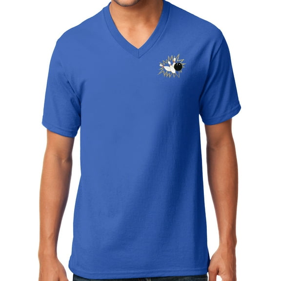 Mens Crashing Bowling Pins V-neck Tee Shirt, Large Royal Blue