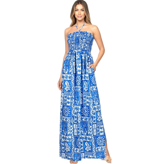 HAPPY BAY Women's Summer Boho A-Line Slit Maxi Beach Dress Smocked Top Evening Long Strapless Tube Dresses for Women One Size Sapphire, Tribal