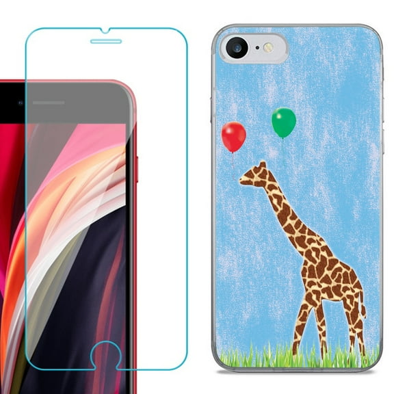 Slim-Fit Fashion Gel Phone Case for iPhone SE 2022, with Tempered Glass Screen Protector, by OneToughShield ® - Giraffe/Balloon