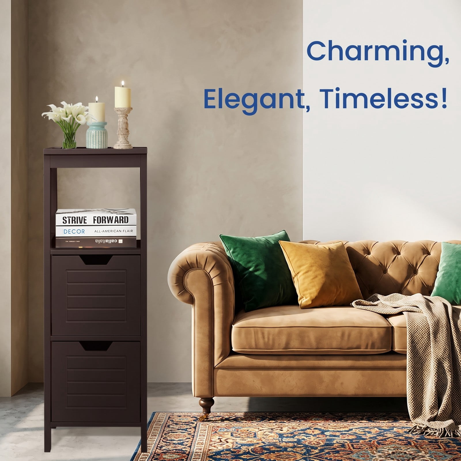 ALPULON Bathroom Wooden Floor Cabinet Multifunction Storage Rack Stand Organizer, Freestanding Storage Cabinet with 2 Drawers and 3 Open Shelves for Living Room, Brown