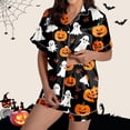 thumbnail image 2 of Halloween Silk Pajamas Women Pajama Set for Women Silk Satin Short Sleeve Button Up Top and Shorts with Halloween Print for Cozy Sleepwear and Elegant Dark Gray S, 2 of 7