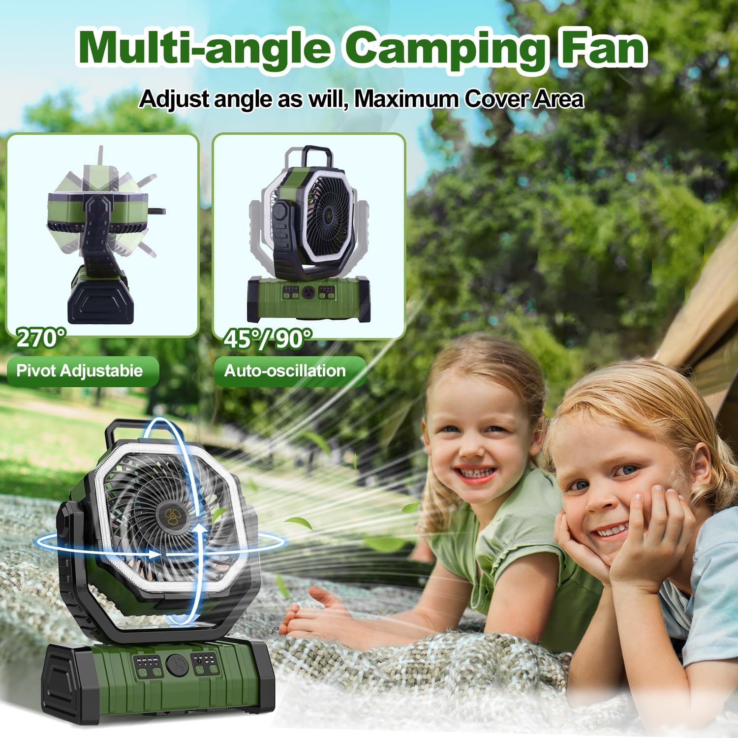 Camping Fan Rechargeable, F6 20000mAh Portable Outdoor Fan with LED Lantern, Cordless Battery Powered Operated , 360 °   Hanging Hook , 4 Speeds Desk Fan for Travel , Tent , Fishing , Beach (Green)