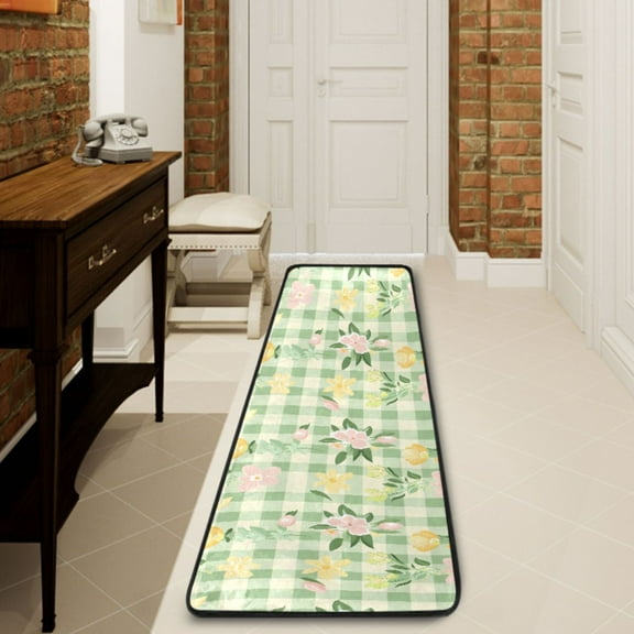Ryvnso Floral on Green Lattice Hallway Runner Rugs Floor Carpet Non Slip Entryway Mat 2' x 6'