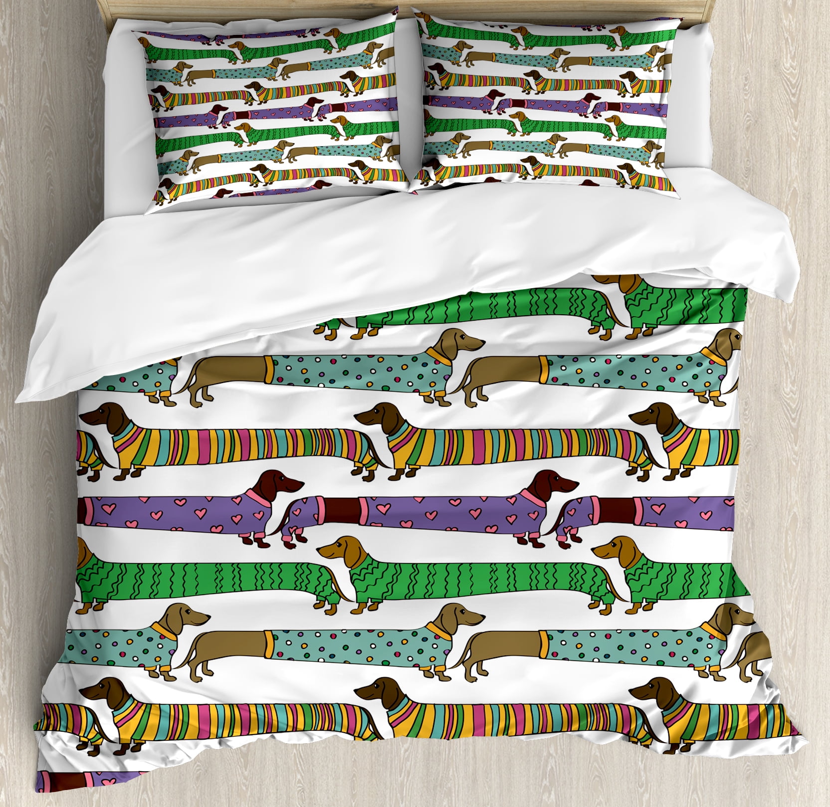 Dog Lover Duvet Cover Set Cartoon Style Dachshunds Dressed In Dog Lover Duvet Cover Set Cartoon Style Dachshunds Dressed In Pyjamas Chevron Lines Polka Dots And Hearts Decorative Bedding With Pillow Shams