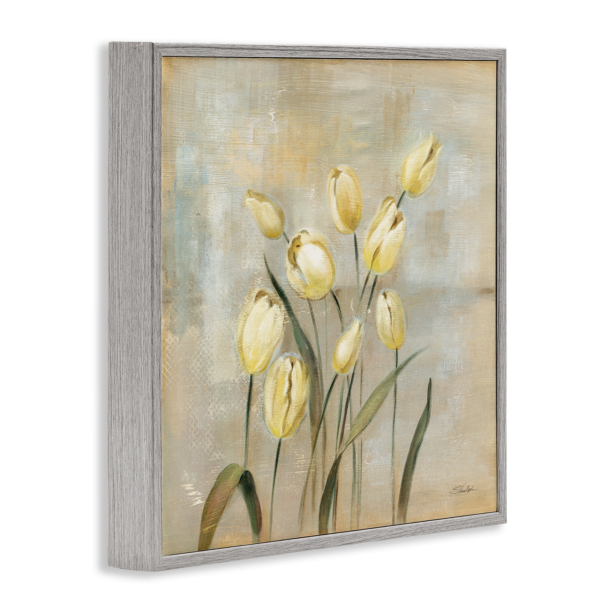 Stupell Industries Yellow Tulips on Beige Botanical & Floral Painting Gray Framed Art Print Wall Art, 17 x 17