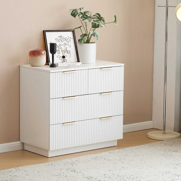 Oufan Fluted 4 Drawers Dresser, Modern Chest of Drawers, Bedside Cabinet, Wood Drawer Organizer for Bedroom, Living Room, Hallway, Entryway, White