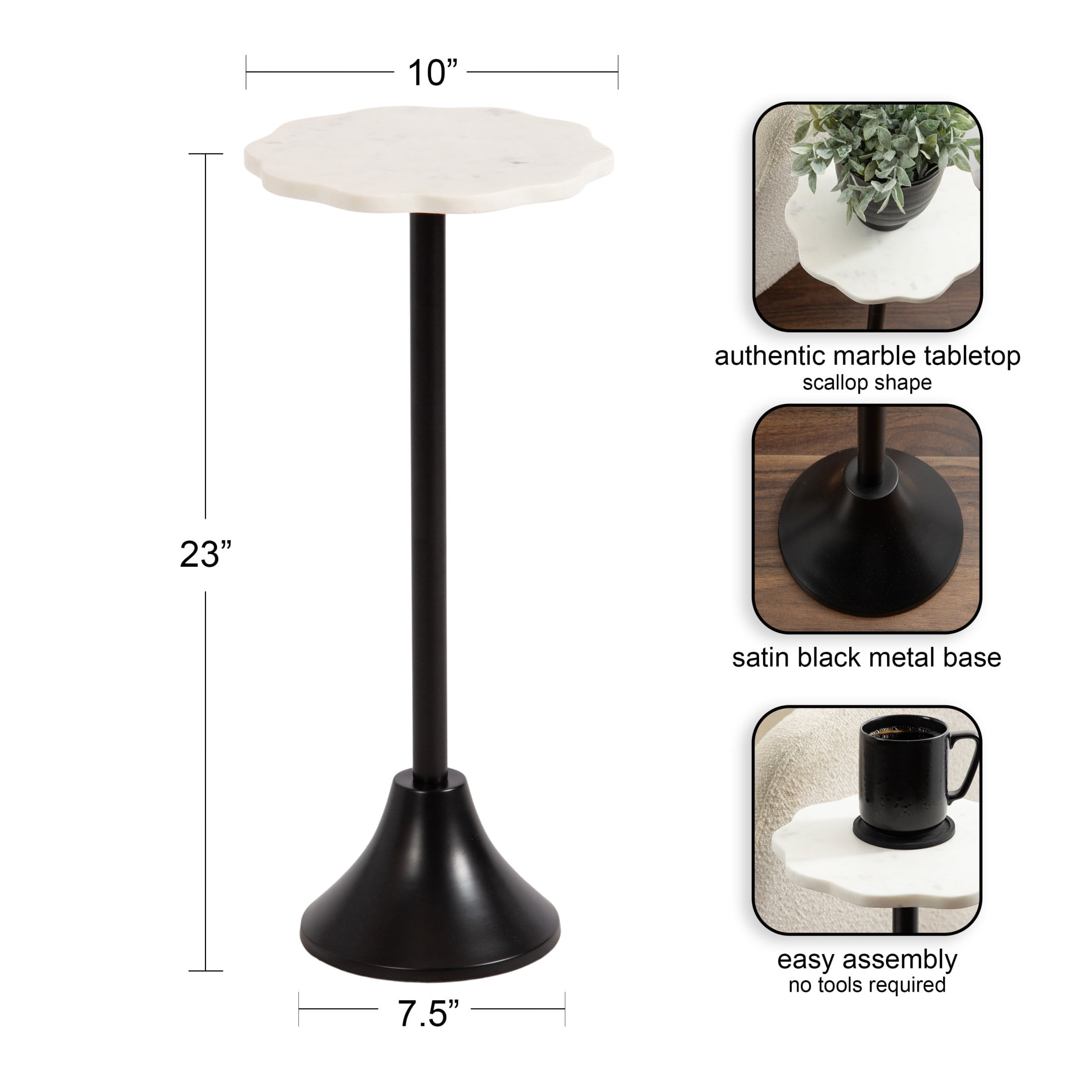 Kate and Laurel Sanzo Modern Pedestal Drink Table, 10 x 10 x 23, White Marble and Black, Decorative End Table with Scalloped Marble Tabletop for Use as Small Plant Stand or Cute Martini Table