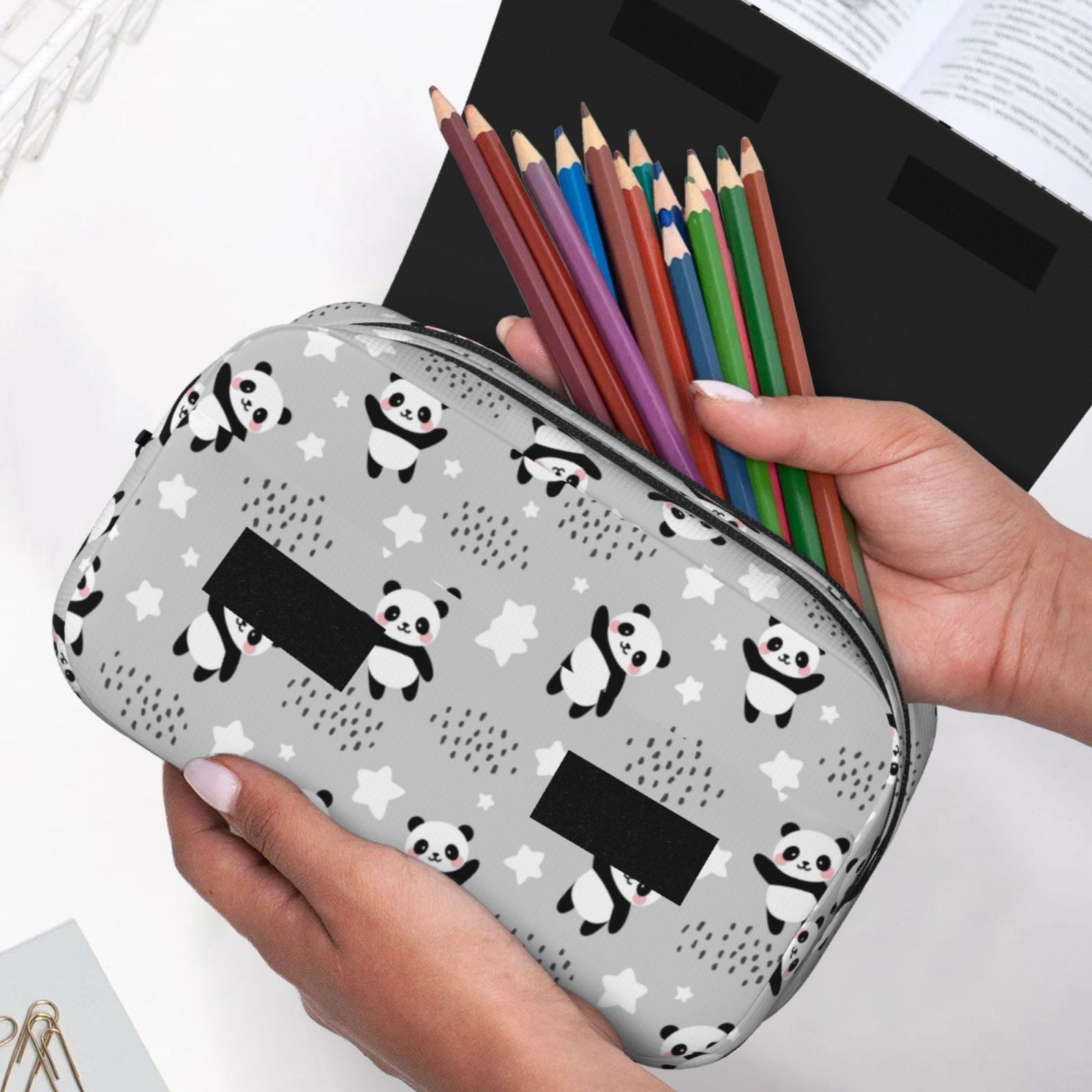 Rateoe Pandas Between Clouds and Stars Pattern Double Clamshell Pen Case, Storage Organizer with Two Zipper Compartments– Holds Up to 50 Pencils & Pens