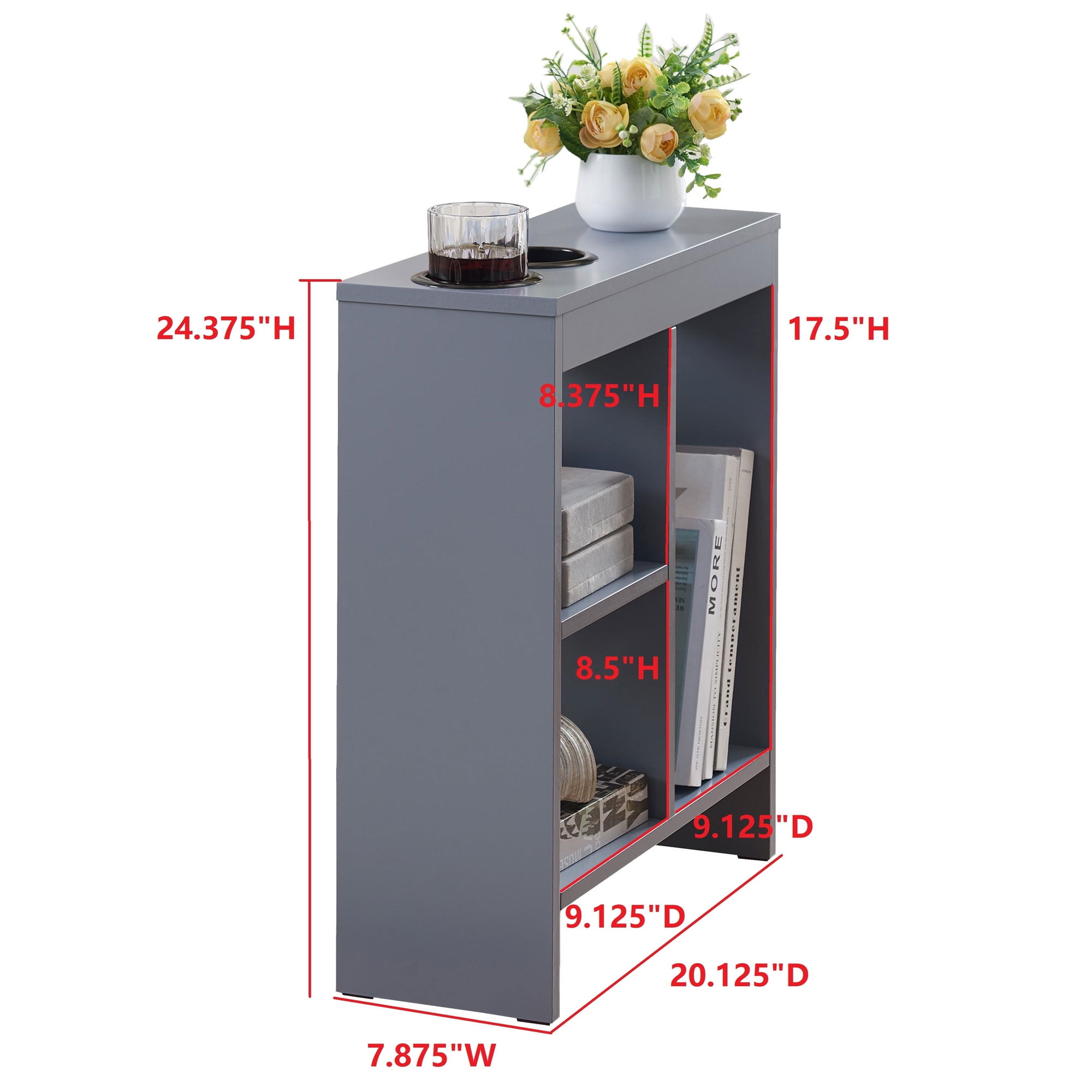 Kings Brand Furniture Narrow Side End Table with Drink Holders & Storage Shelves, Slim Sofa Table with Magazine Holder for Living Room, Bedroom, or Office – Gray