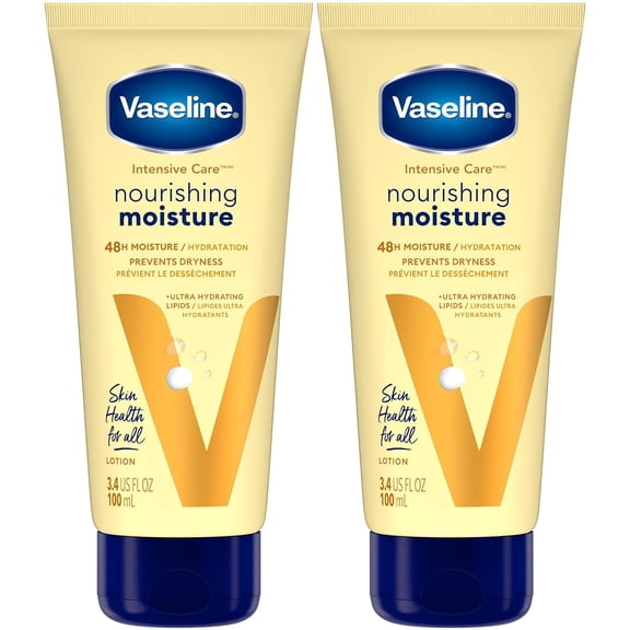 Loción Vaseline, cuidado intensivo, hidratación nutritiva, paquete de 2: humectante con extracto de avena y lípidos ultrahidratantes para piel extremadamente seca, 3.4 oz c/u