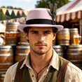thumbnail image 2 of XIAOCHA Mens Feather‑Accent Fedora Hat Short‑Brim Western Hat Party Headwear,Pink, 2 of 4