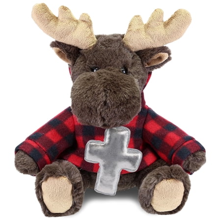 DolliBu Moose with Red Plaid Hoodie Stuffed Animal with Silver Cross Plush – Religious Baptism Gifts for Boys and Girls Dedication Christening Gifts Plush Prayer Toy Stuffed Animal – 9 Inches
