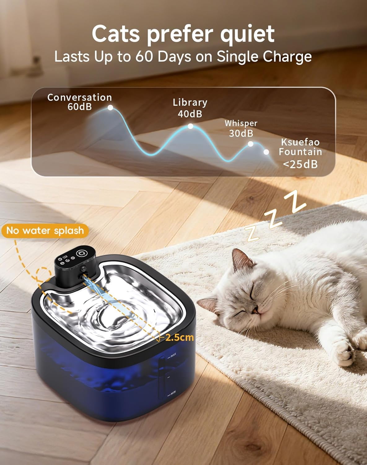 Cordless Battery Operated 118oz/3.5L Pet Water Fountain with Motion Sensor, Stainless Steel Tray, Ultra Quiet and Easy-to-Clean for Cats Indoors